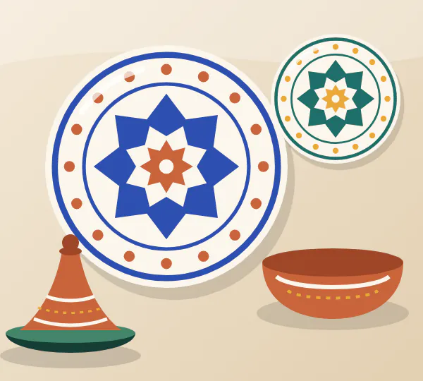 Assiettes, bol et tajine en céramique de Fès présentés dans une boutique en ligne mobile