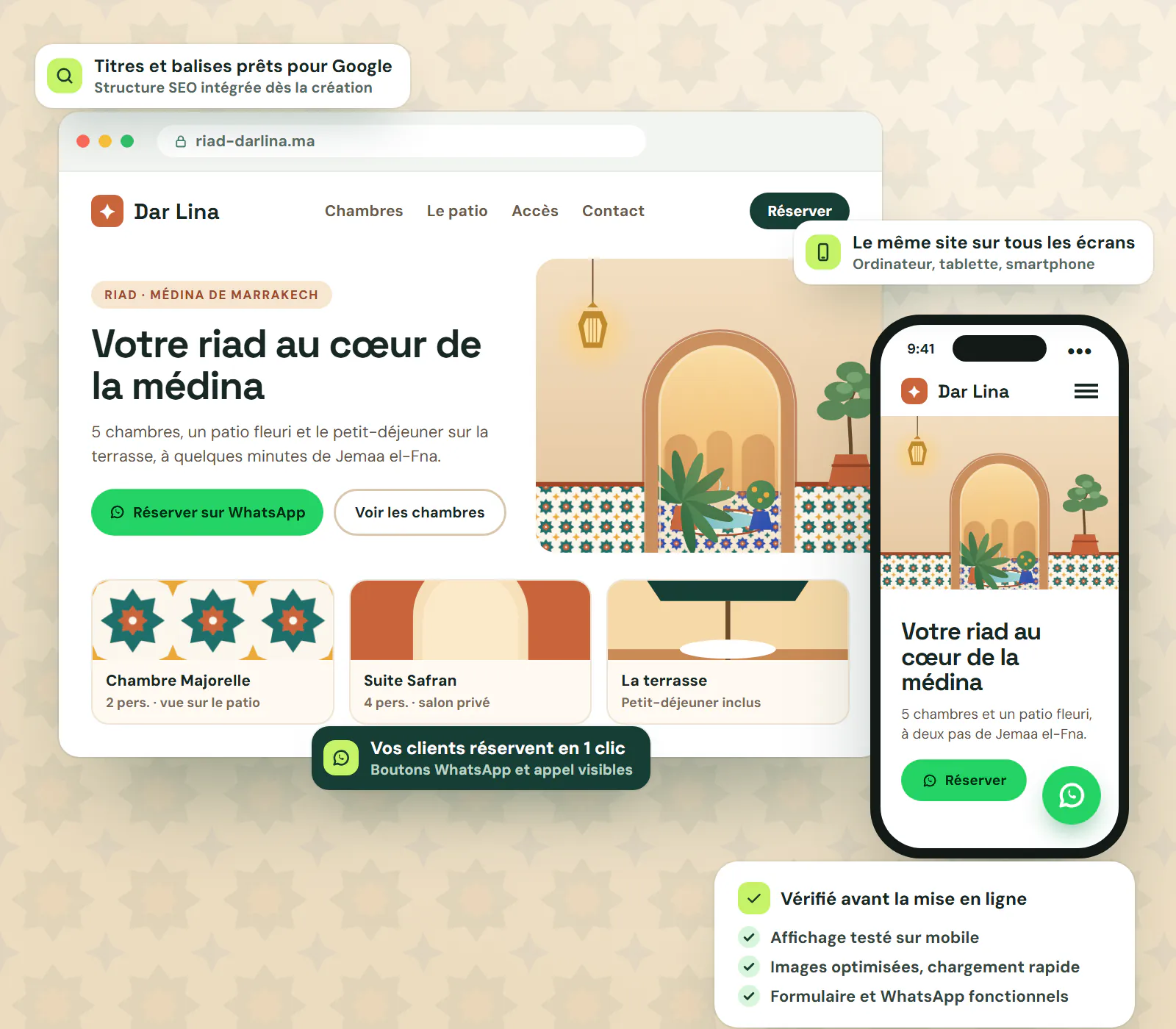Exemple de site pour un riad à Marrakech affiché sur ordinateur et sur smartphone, avec bouton de réservation WhatsApp et vérifications avant mise en ligne