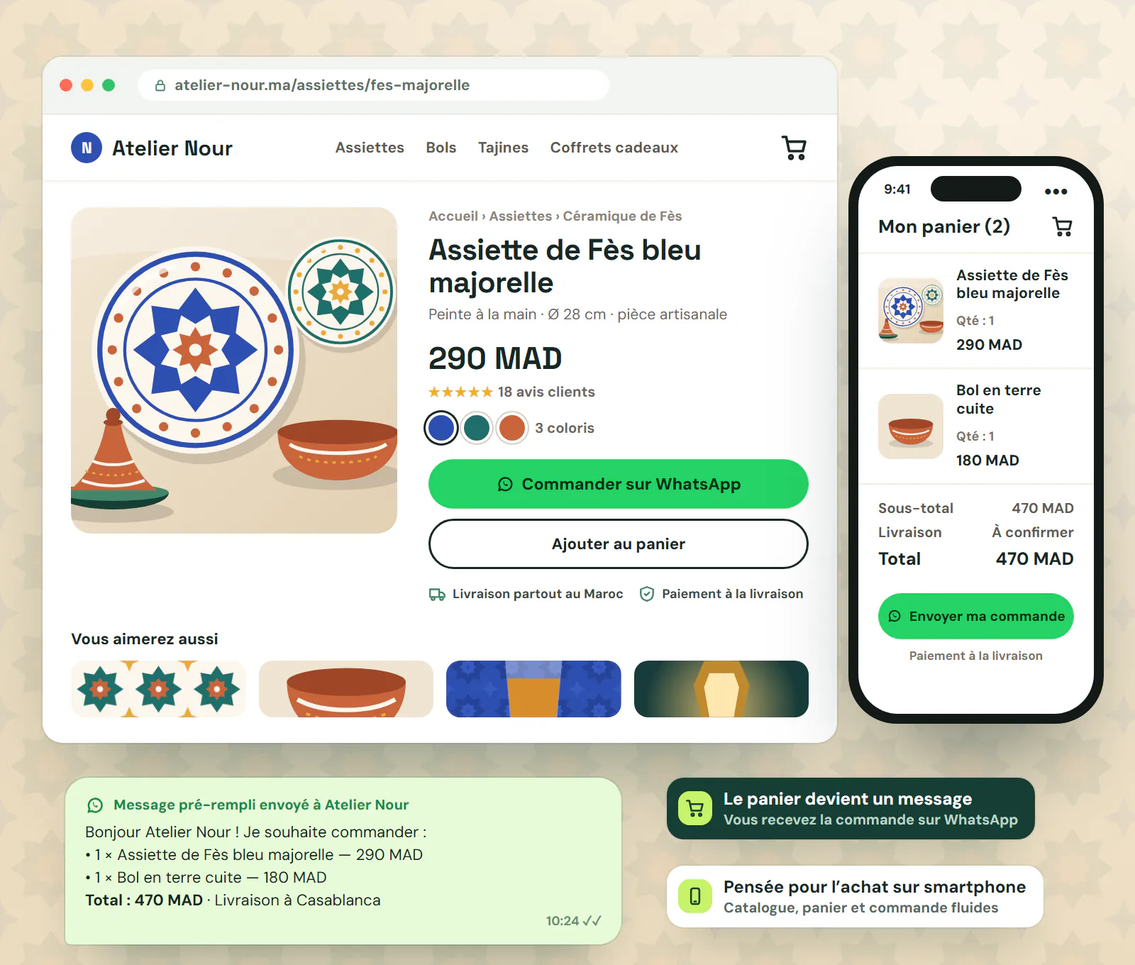 Exemple de boutique de céramique de Fès : fiche produit, panier mobile et commande transformée en message WhatsApp pré-rempli, avec paiement à la livraison