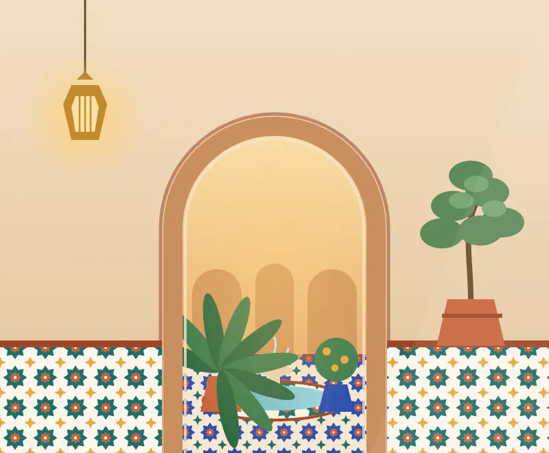 Visuel d'un exemple de site : patio de riad vu à travers une arche, avec zellige et lanterne